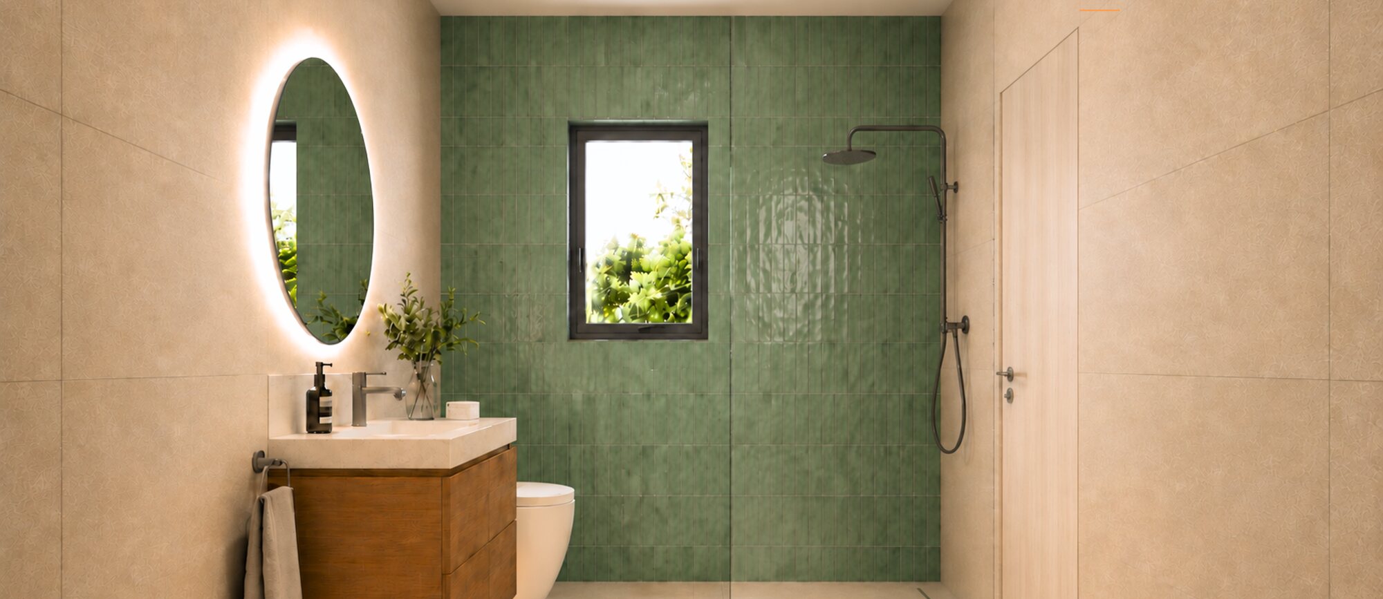 Artist impression of a full wall-tiled bathroom at Dale Terraces