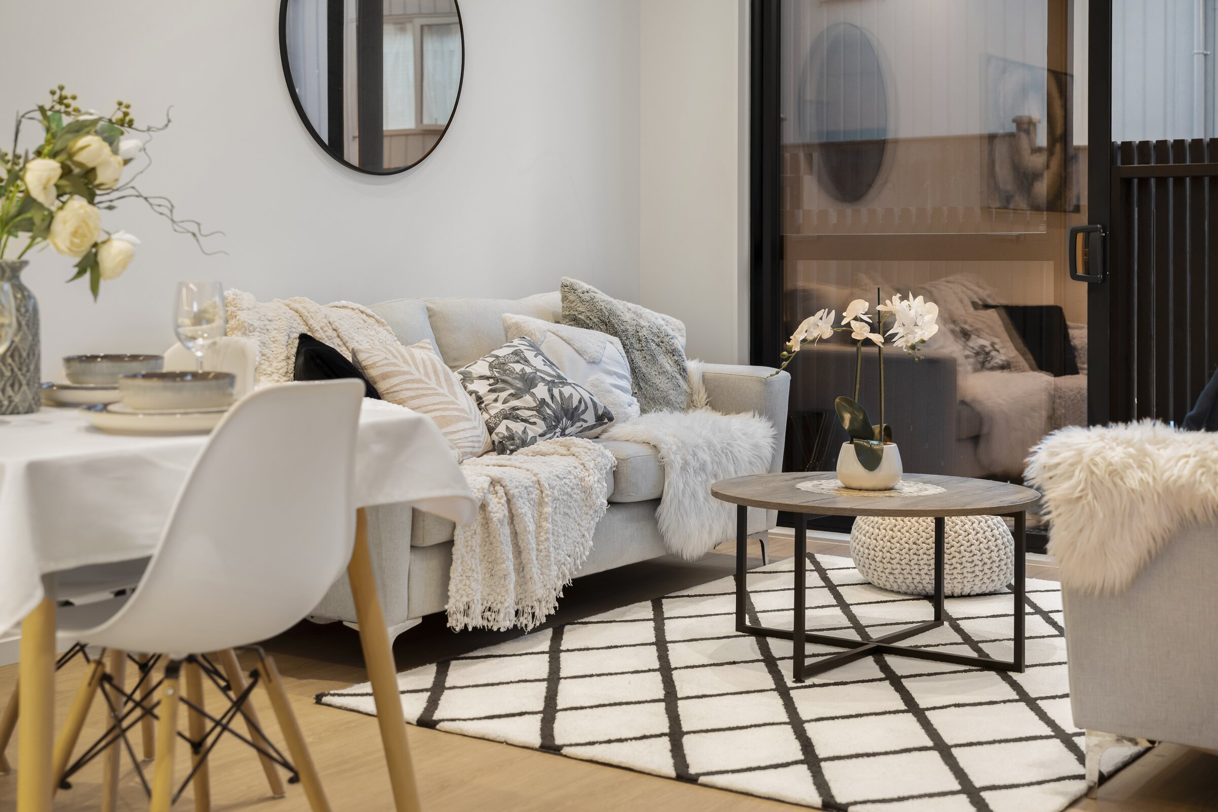 Living and dining space at Ridge Road Luxe